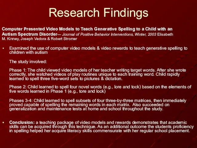 Research Findings Computer Presented Video Models to Teach Generative Spelling