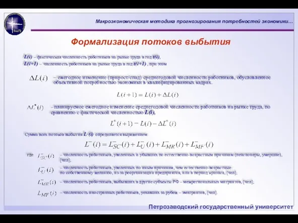 Формализация потоков выбытия L(i) – фактическая численность работников на рынке