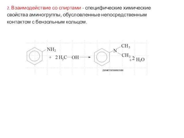 2. Взаимодействие со спиртами - специфические химические свойства аминогруппы, обусловленные непосредственным контактом с бензольным кольцом.