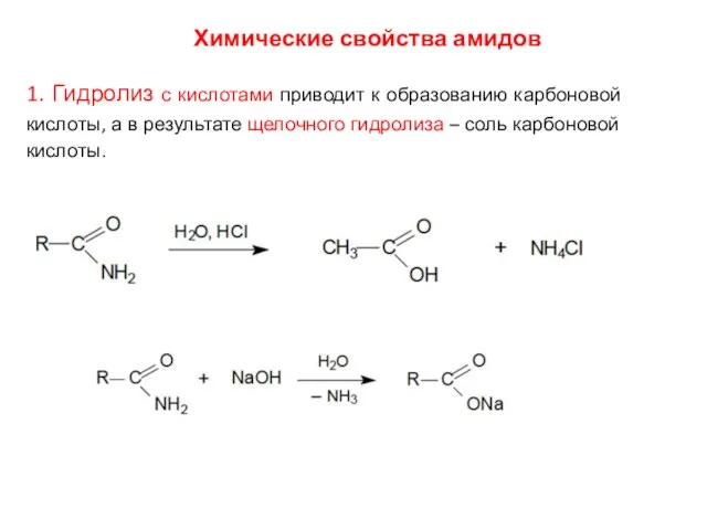 Химические свойства амидов 1. Гидролиз с кислотами приводит к образованию
