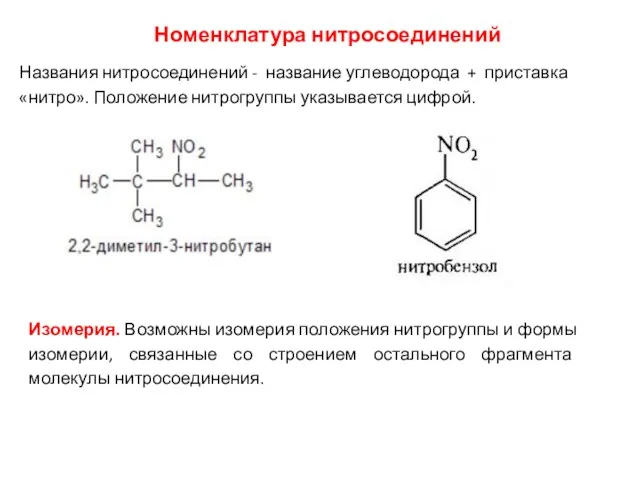 Номенклатура нитросоединений Названия нитросоединений - название углеводорода + приставка «нитро».