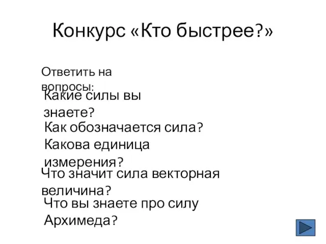 Конкурс «Кто быстрее?» Ответить на вопросы: Какие силы вы знаете?