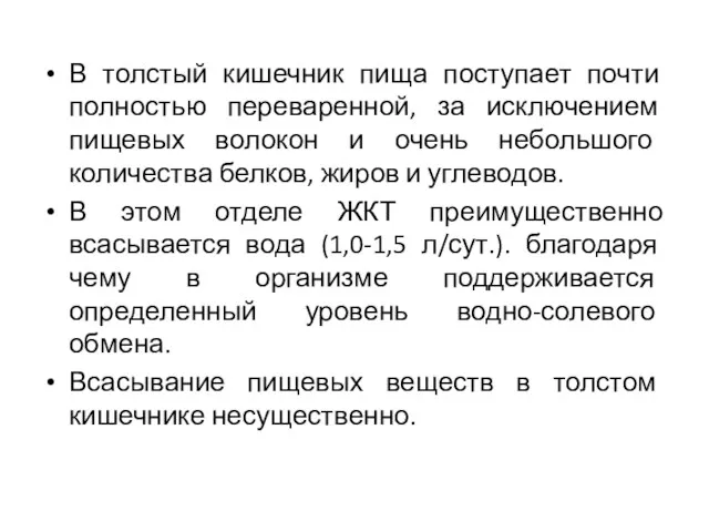 В толстый кишечник пища поступает почти полностью переваренной, за исключением