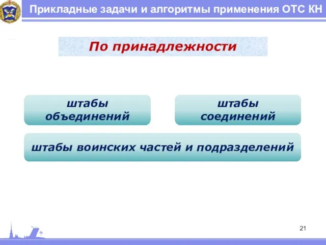 Прикладные задачи и алгоритмы применения ОТС КН По принадлежности штабы