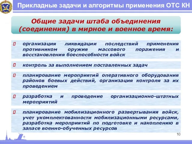 Прикладные задачи и алгоритмы применения ОТС КН Общие задачи штаба