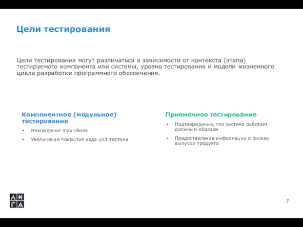 Цели тестирования Цели тестирования могут различаться в зависимости от контекста