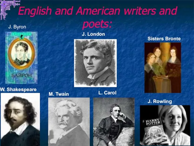 English and American writers and poets: W. Shakespeare M. Twain