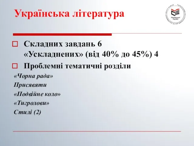 Українська література Складних завдань 6 «Ускладнених» (від 40% до 45%) 4 Проблемні тематичні