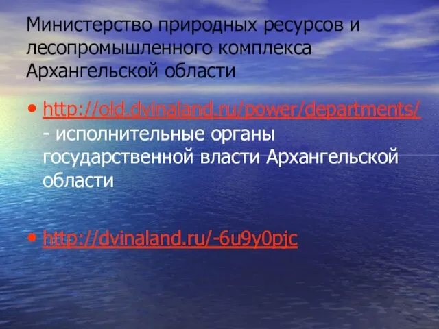 Министерство природных ресурсов и лесопромышленного комплекса Архангельской области http://old.dvinaland.ru/power/departments/ -