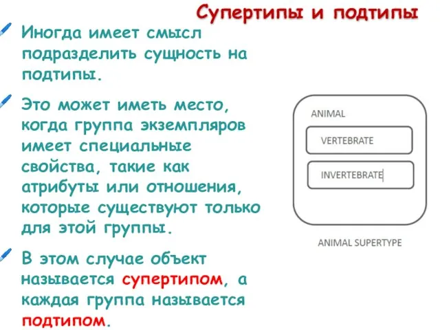 Супертипы и подтипы Иногда имеет смысл подразделить сущность на подтипы. Это может иметь