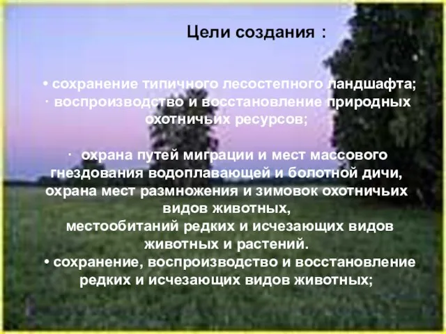 Цели создания : • сохранение типичного лесостепного ландшафта; · воспроизводство