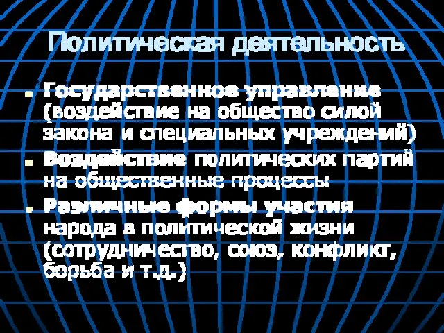 Политическая деятельность Государственное управление (воздействие на общество силой закона и