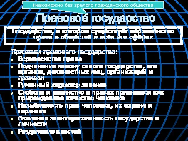 Правовое государство Признаки правового государства: Верховенство права Подчинение закону самого