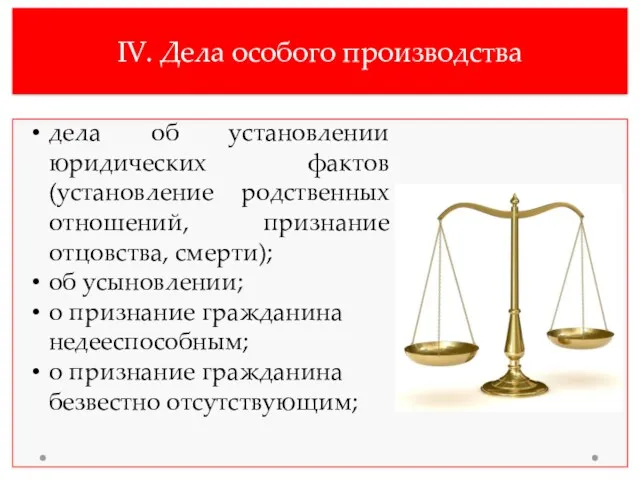 IV. Дела особого производства дела об установлении юридических фактов (установление