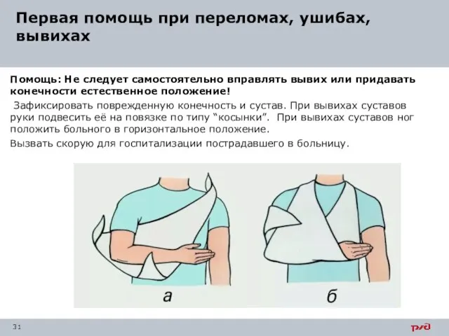 Первая помощь при переломах, ушибах, вывихах Помощь: Не следует самостоятельно