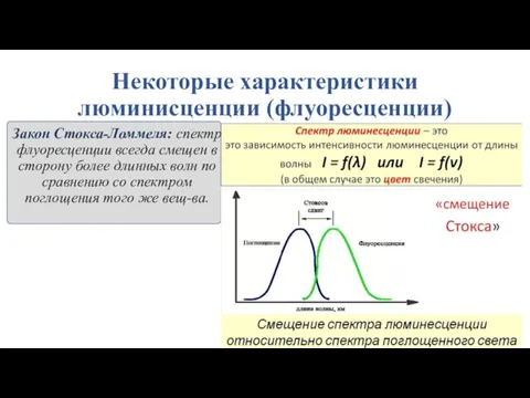 Некоторые характеристики люминисценции (флуоресценции) Закон Стокса-Ломмеля: спектр флуоресценции всегда смещен в сторону более