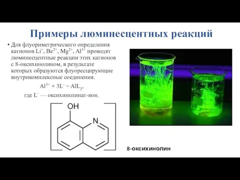 Примеры люминесцентных реакций Для флуориметрического определения катионов Li+, Be2+, Mg2+, Al3+ проводят люминесцентные
