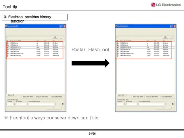 Tool tip 3. Flashtool provides history function Restart FlashTool ※ Flashtool always conserve download lists