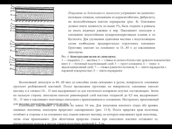 Покрытия из безосновного линолеума устраивают по цементно-песчаным стяжкам, основаниям из