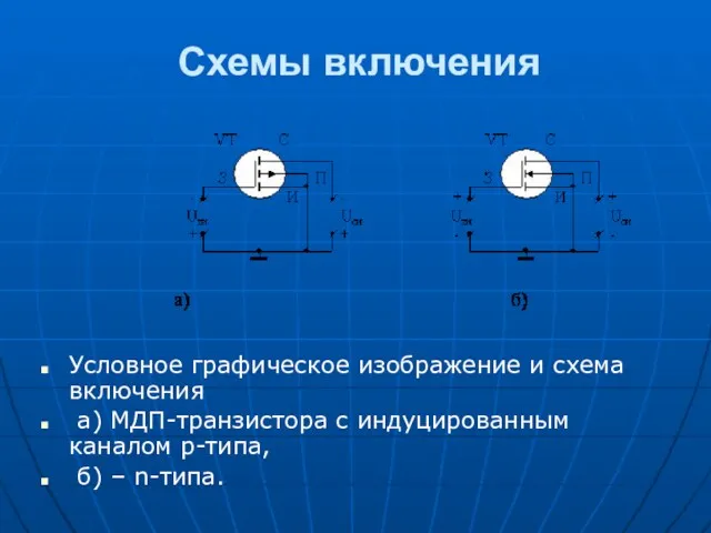 Схемы включения Условное графическое изображение и схема включения а) МДП-транзистора