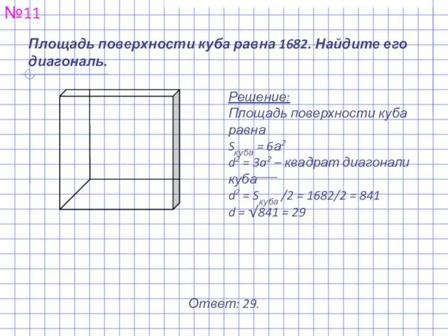 Площадь поверхности куба равна 1682. Найдите его диагональ. №11 Решение: