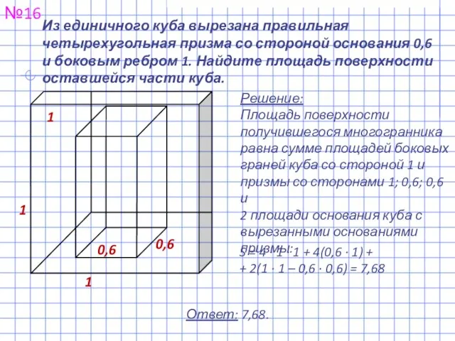 Из единичного куба вырезана правильная четырехугольная призма со стороной основания