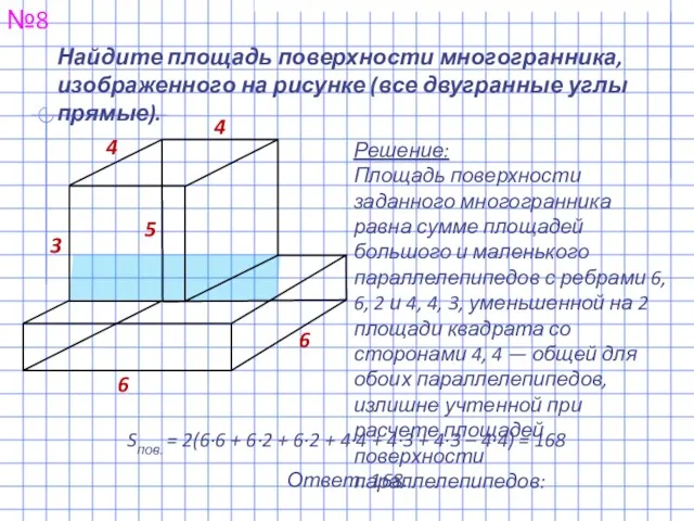 Найдите площадь поверхности многогранника, изображенного на рисунке (все двугранные углы