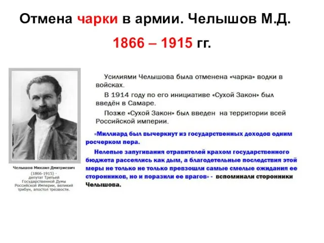 Отмена чарки в армии. Челышов М.Д. 1866 – 1915 гг.