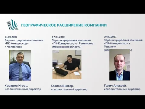 ГЕОГРАФИЧЕСКОЕ РАСШИРЕНИЕ КОМПАНИИ 17.03.2010 Зарегистрирована компания «ПК-Компрессор» г. Раменское (Московская