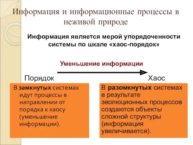 Информация и информационные процессы в неживой природе В замкнутых системах