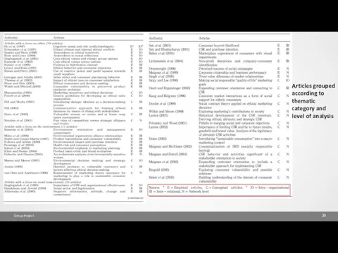 Group Project Articles grouped according to thematic category and level of analysis