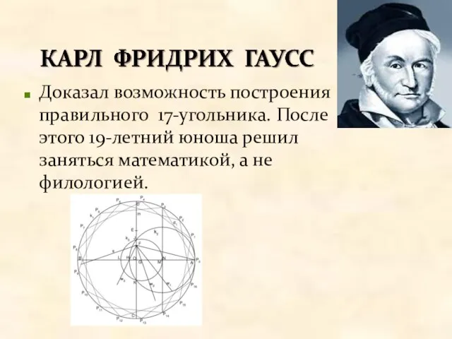 Доказал возможность построения правильного 17-угольника. После этого 19-летний юноша решил заняться математикой, а не филологией.