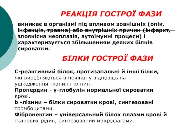 РЕАКЦІЯ ГОСТРОЇ ФАЗИ виникає в організмі під впливом зовнішніх (опік,