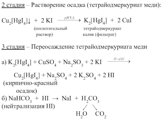 2 стадия – Растворение осадка (тетрайодмеркуриат меди): Cu2[HgI4]↓ + 2