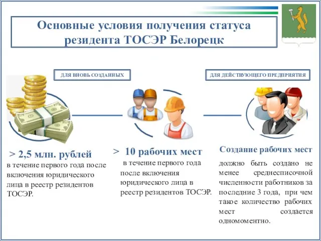 Основные условия получения статуса резидента ТОСЭР Белорецк в течение первого