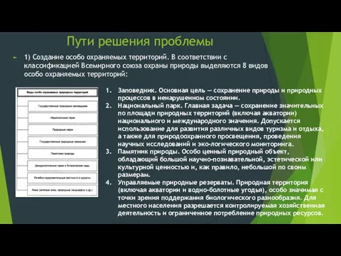 Пути решения проблемы 1) Создание особо охраняемых территорий. В соответствии