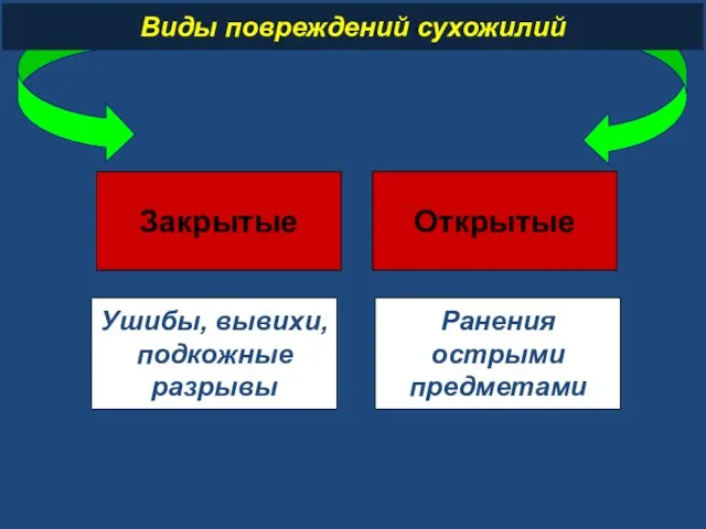 Виды повреждений сухожилий Закрытые Открытые Ушибы, вывихи, подкожные разрывы Ранения острыми предметами