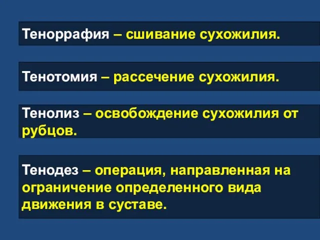 Теноррафия – сшивание сухожилия. Тенотомия – рассечение сухожилия. Тенолиз –