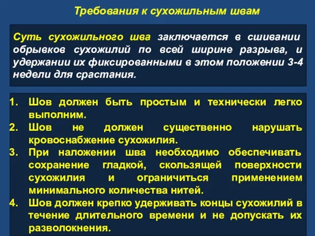 Требования к сухожильным швам Шов должен быть простым и технически