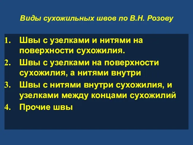 Виды сухожильных швов по В.Н. Розову Швы с узелками и