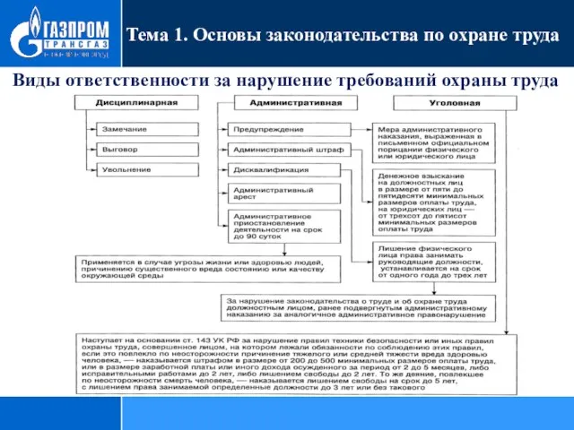 Тема 1. Основы законодательства по охране труда Виды ответственности за нарушение требований охраны труда