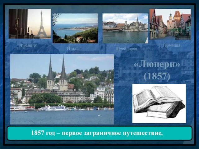 «Люцерн» (1857) Франция Италия Швейцария Германия 1857 год – первое заграничное путешествие.