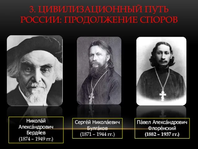 3. ЦИВИЛИЗАЦИОННЫЙ ПУТЬ РОССИИ: ПРОДОЛЖЕНИЕ СПОРОВ Никола́й Алекса́ндрович Бердя́ев (1874