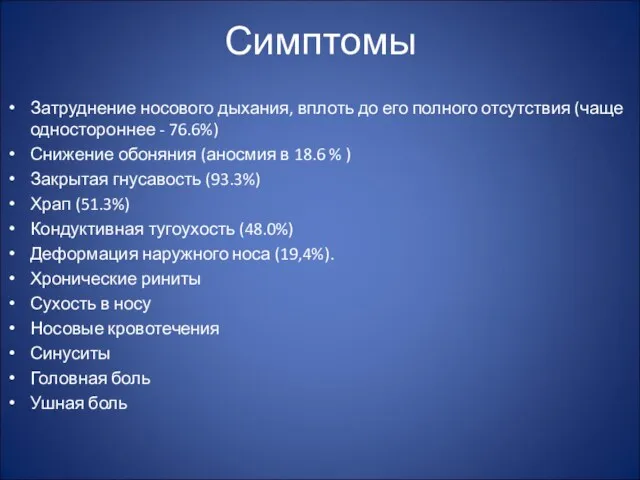 Симптомы Затруднение носового дыхания, вплоть до его полного отсутствия (чаще