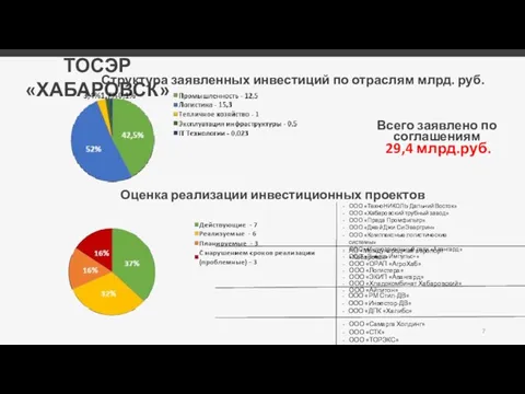 ТОСЭР «ХАБАРОВСК» Оценка реализации инвестиционных проектов Структура заявленных инвестиций по