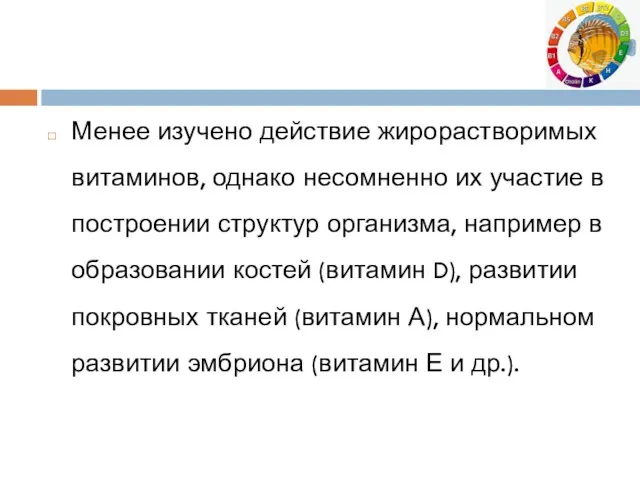 Менее изучено действие жирорастворимых витаминов, однако несомненно их участие в