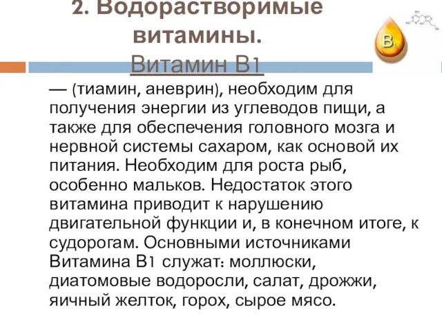 2. Водорастворимые витамины. Витамин В1 — (тиамин, аневрин), необходим для