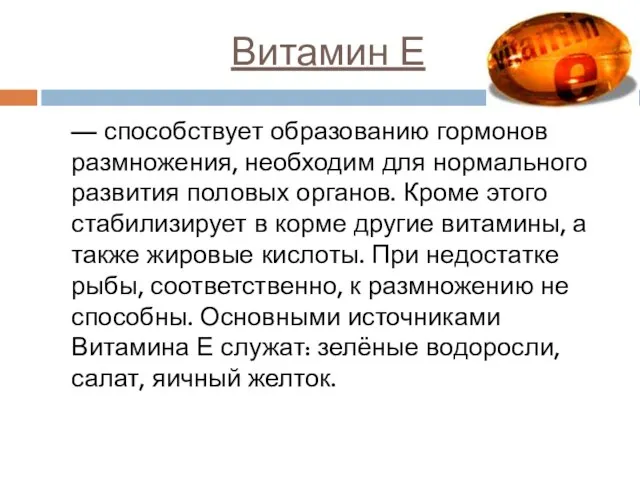 Витамин Е — способствует образованию гормонов размножения, необходим для нормального