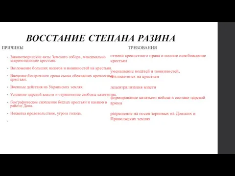 ВОССТАНИЕ СТЕПАНА РАЗИНА Законотворческие акты Земского собора, максимально закрепощающие крестьян.