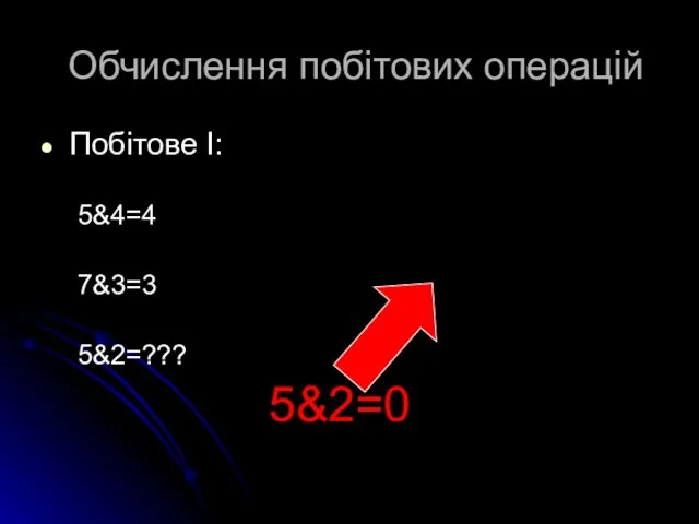 Обчислення побітових операцій Побітове І: 5&4=4 7&3=3 5&2=??? 5&2=0